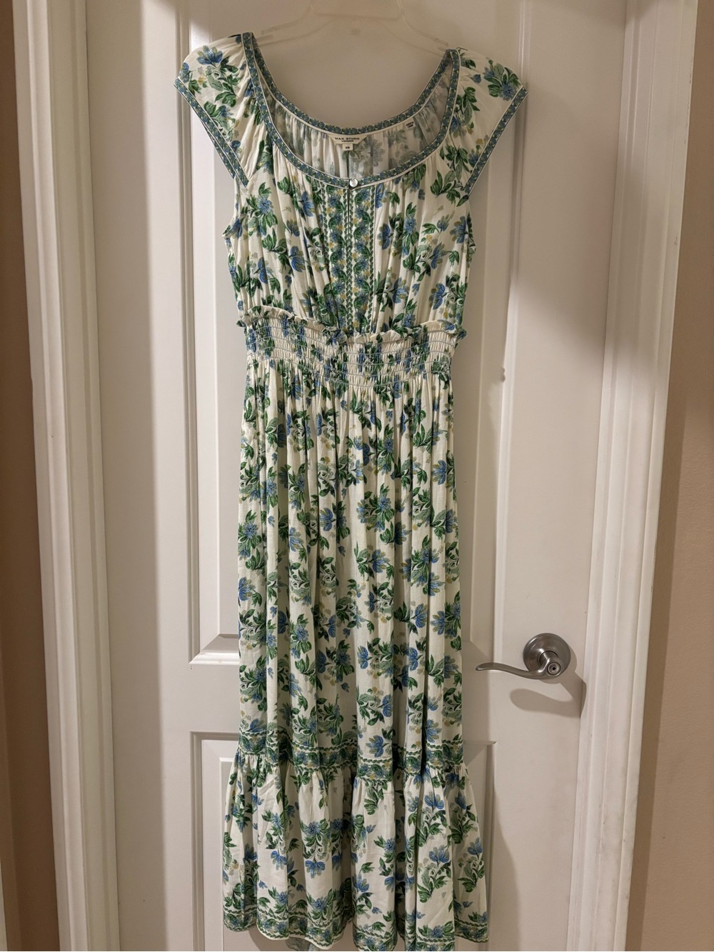 Max Studio White Maxi Dress with Blue and Green Floral Print
